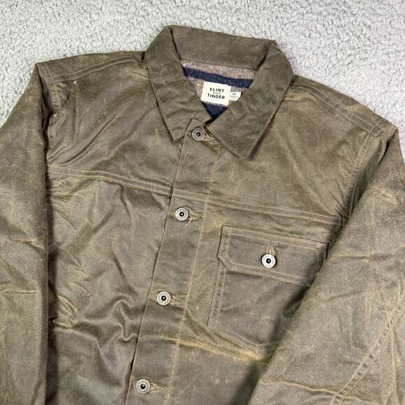 Flint and Tinder Waxed Trucker Jacket Mens Medium Forest Green Flannel Lined NEW - Picture 1 of 11